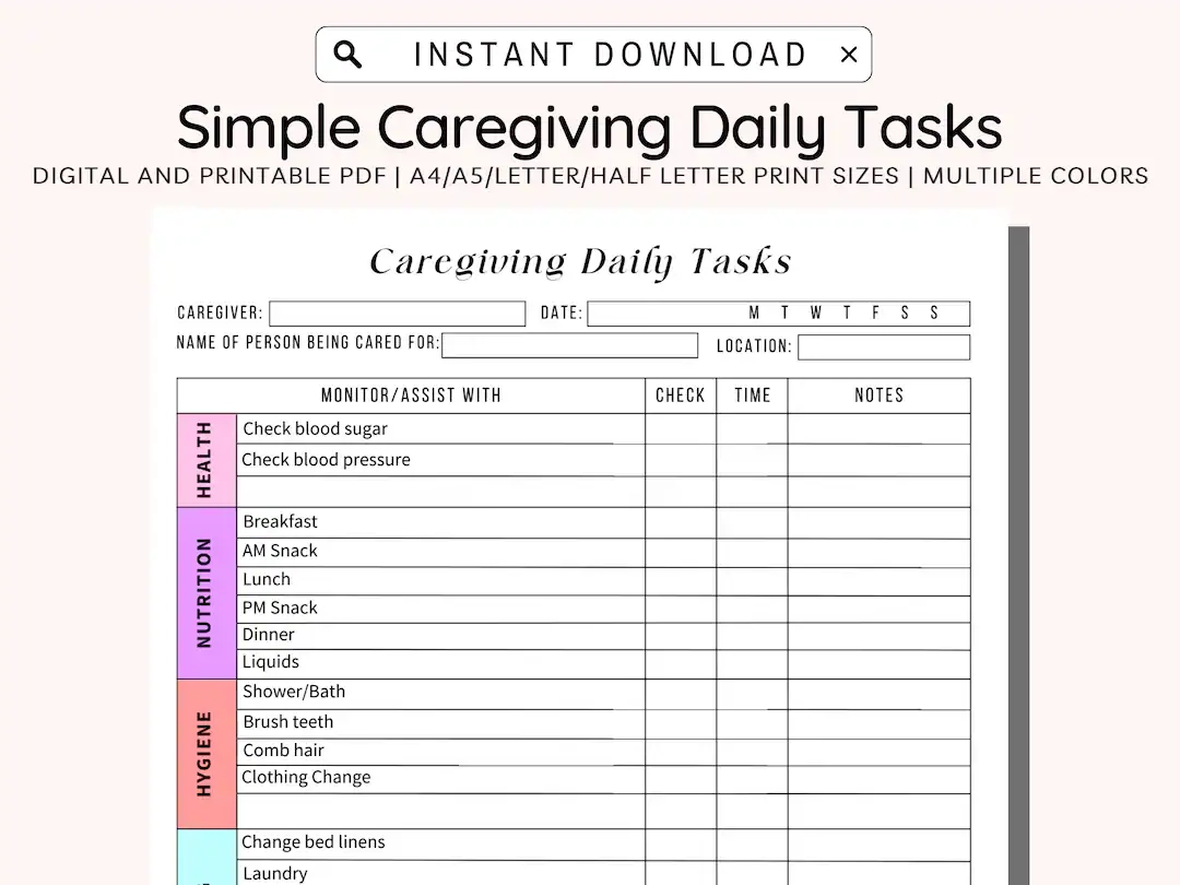 Caregiving Daily Tasks Log Printable Elderly Care Caregiving Checklist Daily Cleaning Daily Tasks Housekeeping Care Log Template A4 A5 Etsy