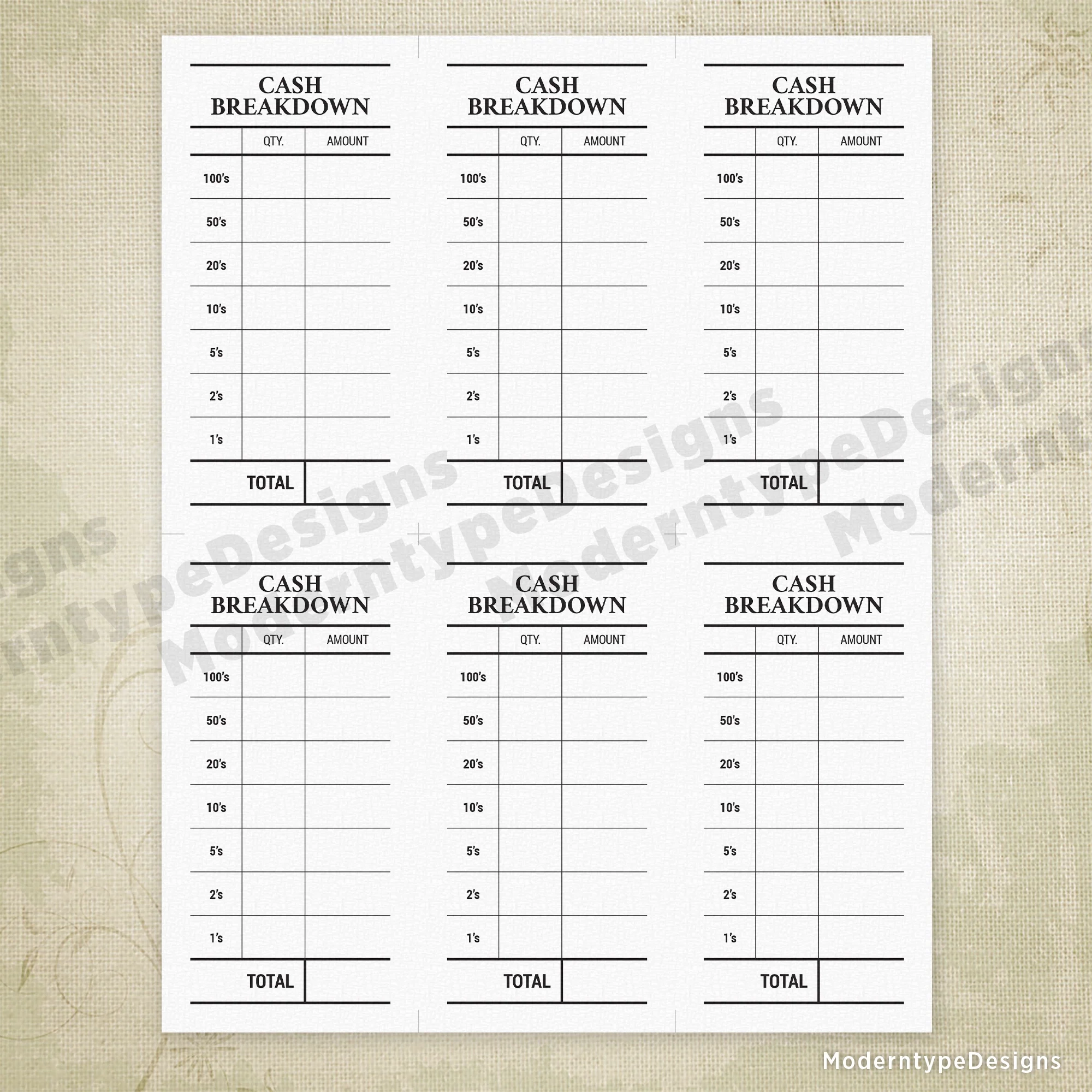 Cash Breakdown Printable 2 83 X 5 5 Cash Breakdown Printable 2 83 X 5 5