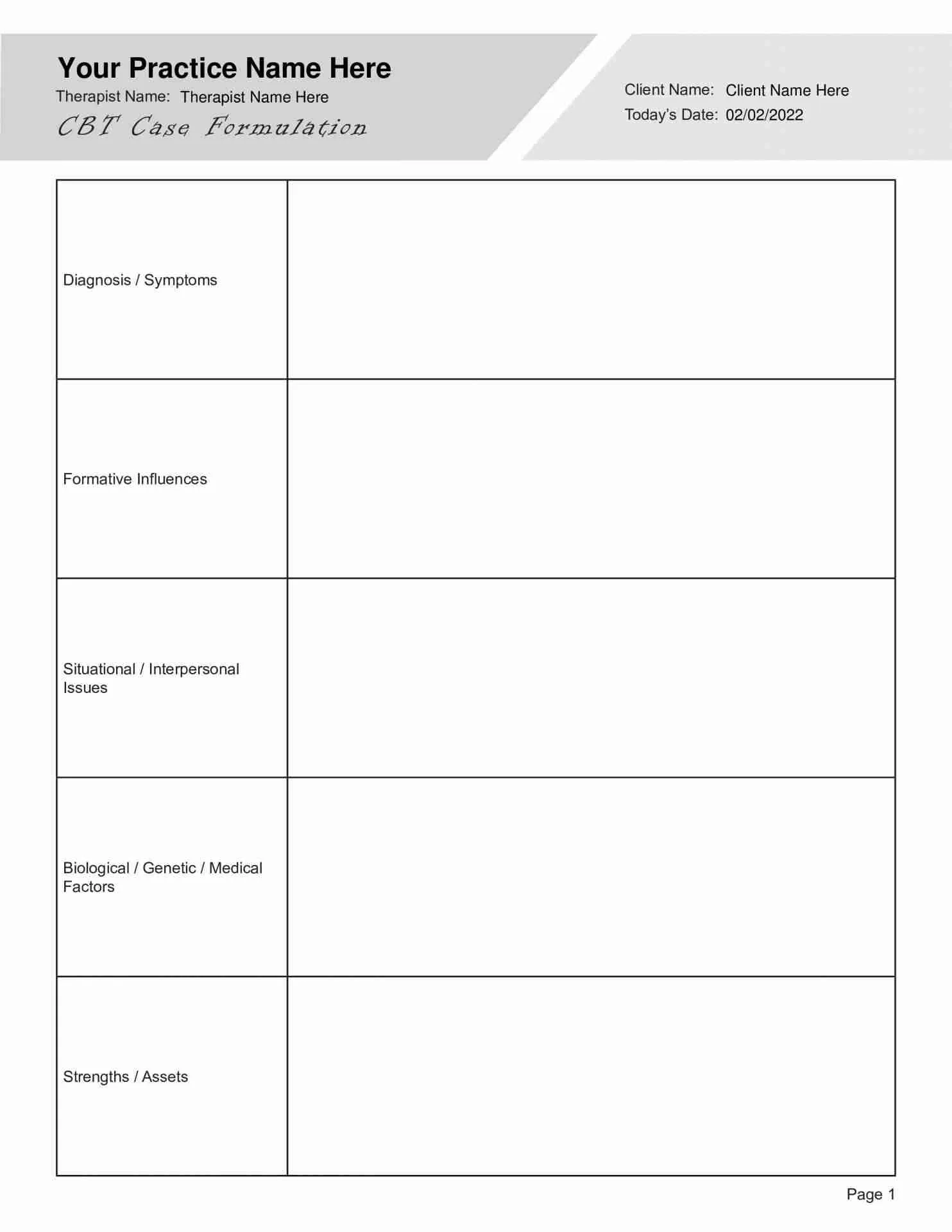Printable Cbt Case Conceptualization Worksheet