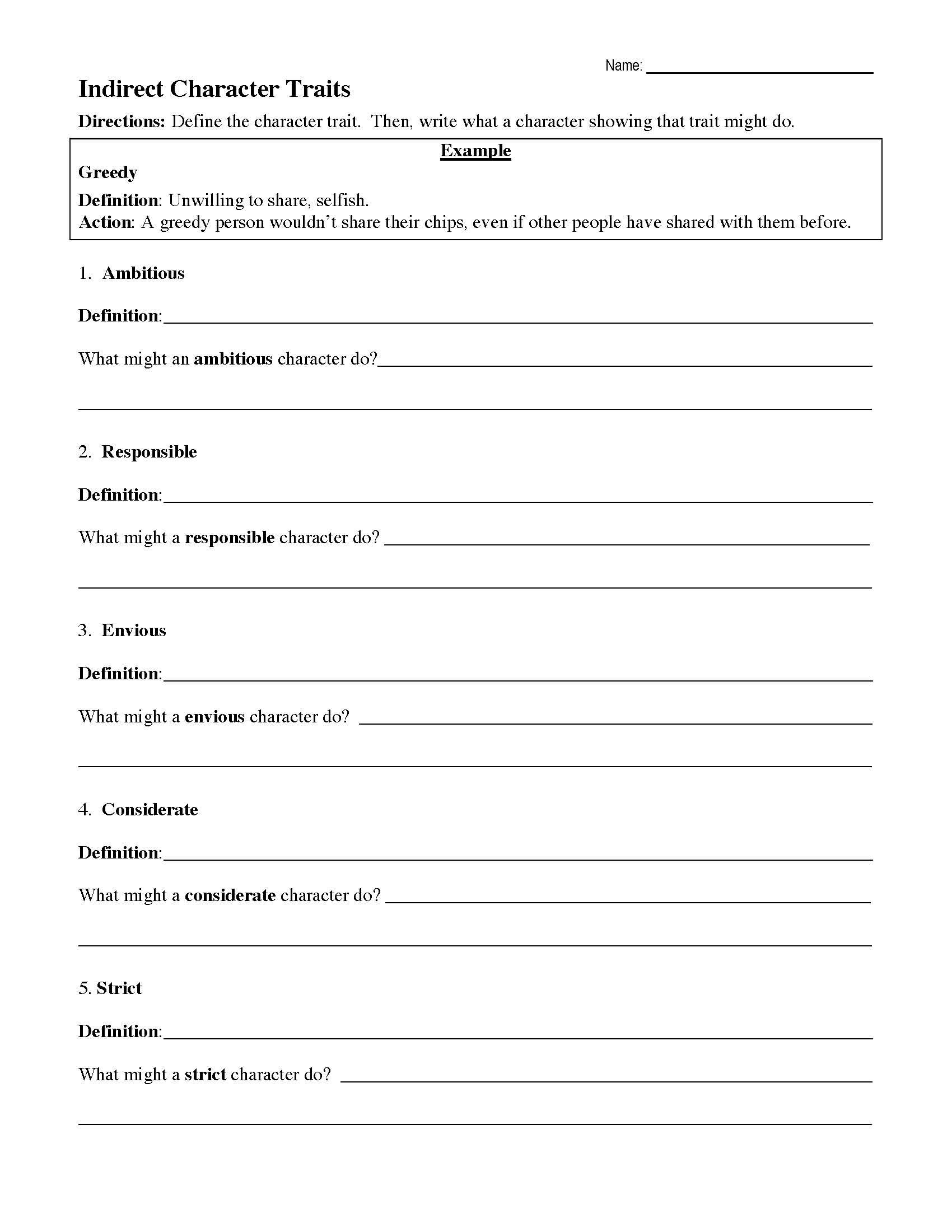 Printable Character Traits Worksheet