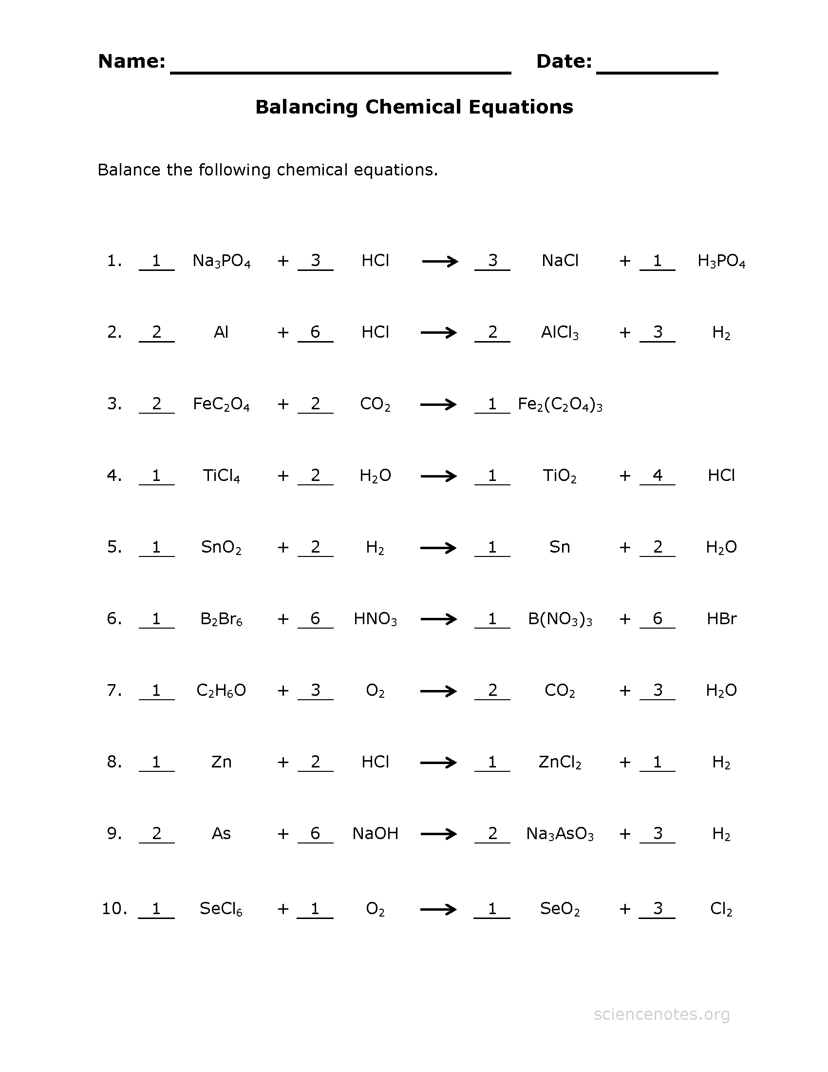 Free Printable Chemistry Worksheets