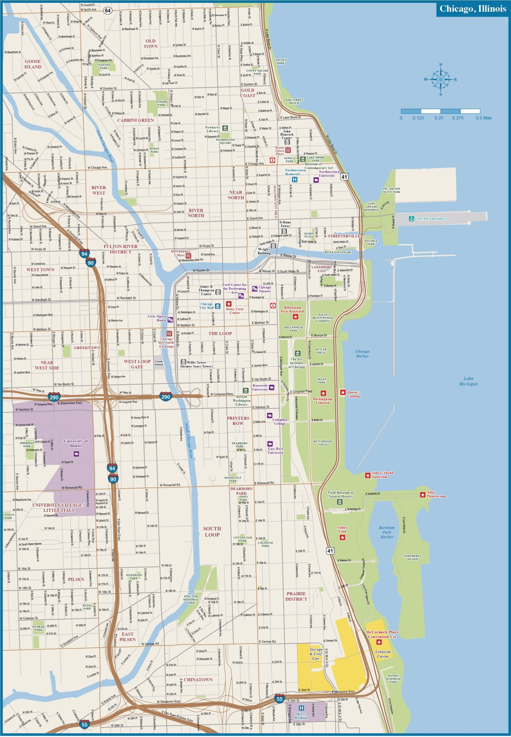 Chicago Downtown Map Digital Vector Creative Force Worksheets Library