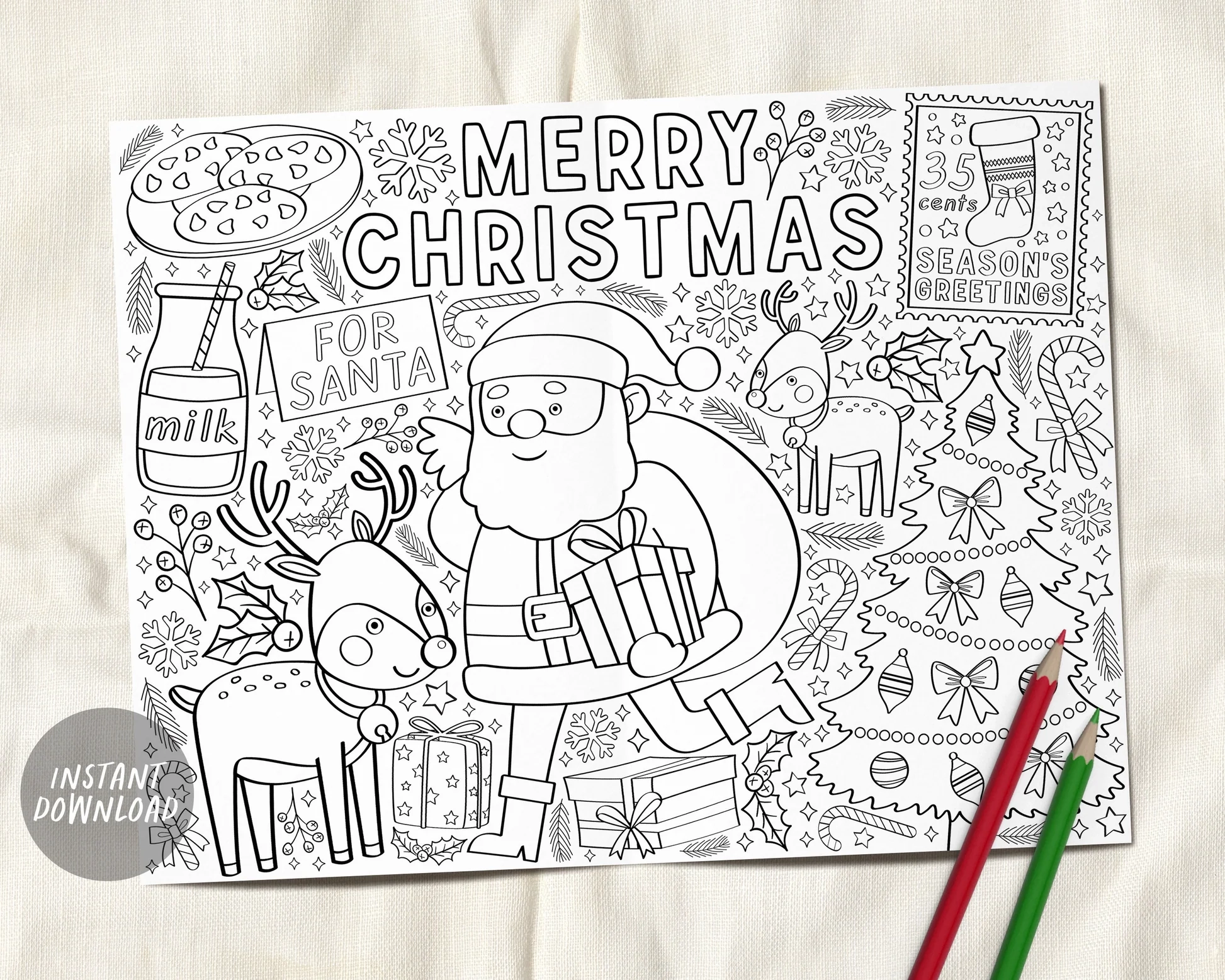 Christmas Coloring Page Placemat For Kids Santa Craft Activity Party Puff Paper Co