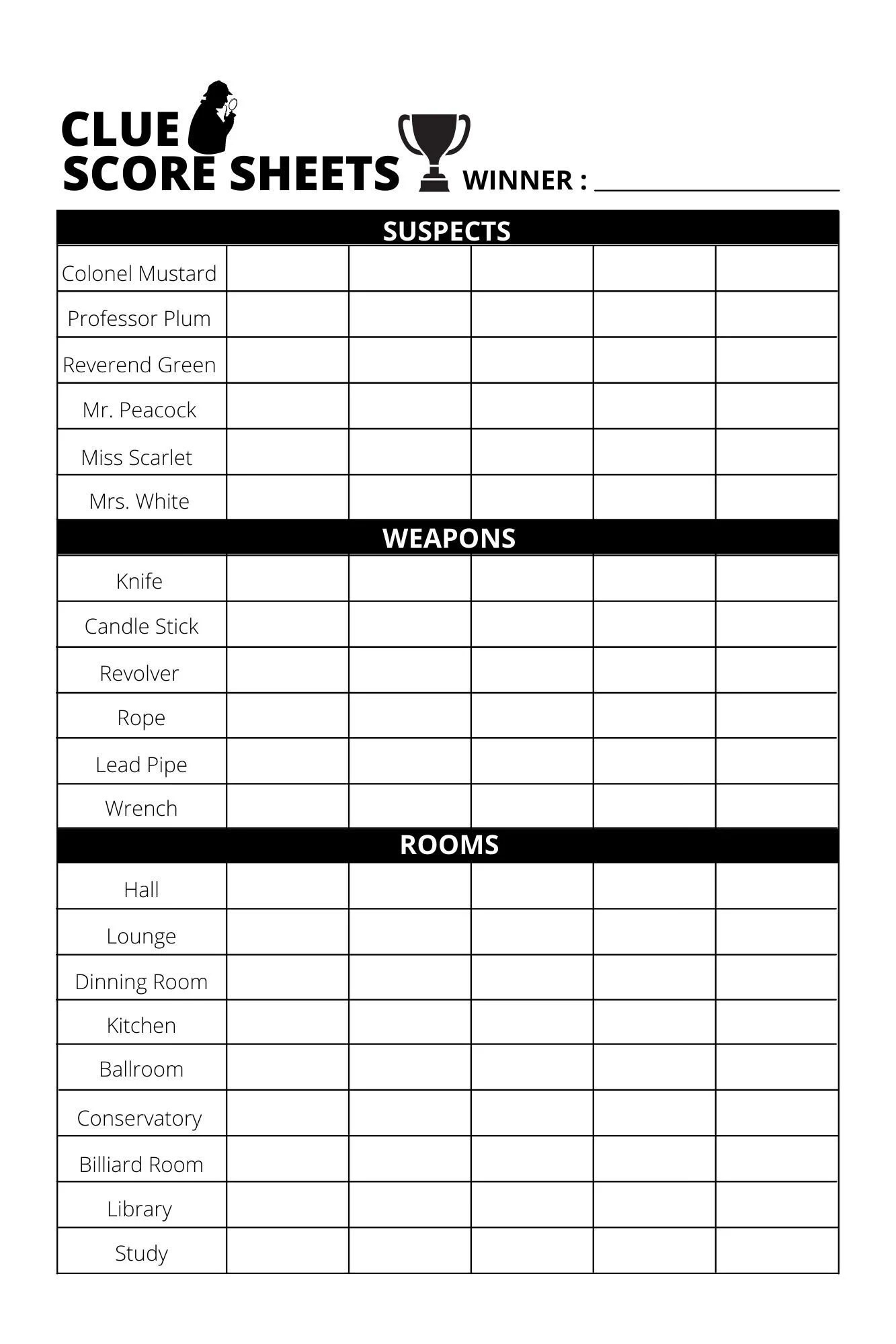 Clue Printable Sheets Pdf