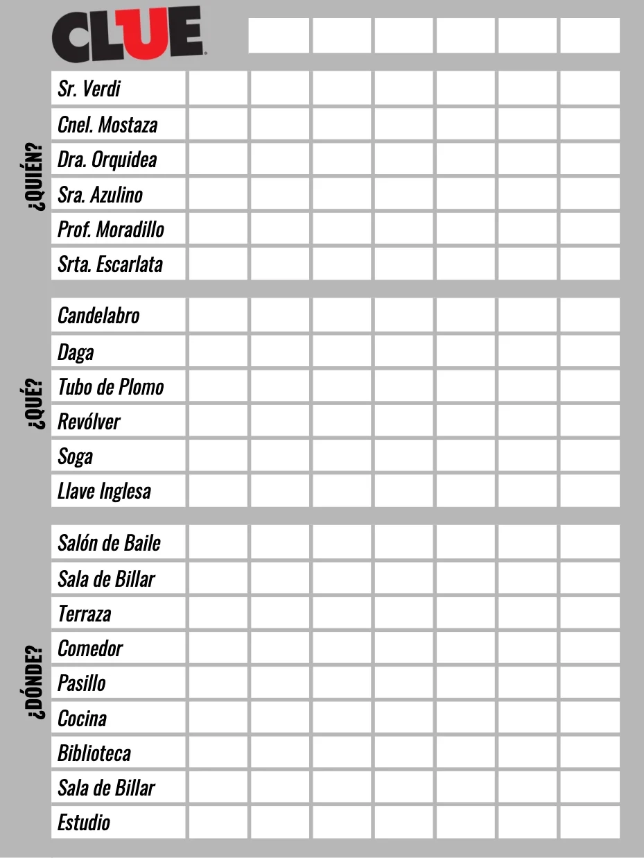Clue Printable Sheets Pdf