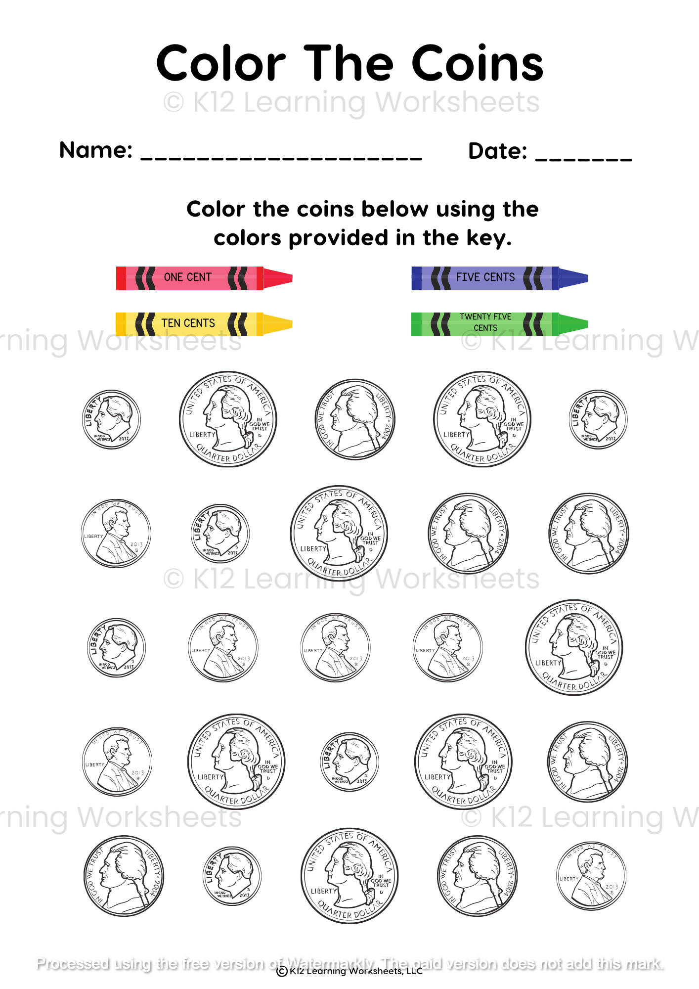 Color The Coins K12 Learning Worksheets Worksheets Library Color The Coins K12 Learning Worksheets Worksheets Library