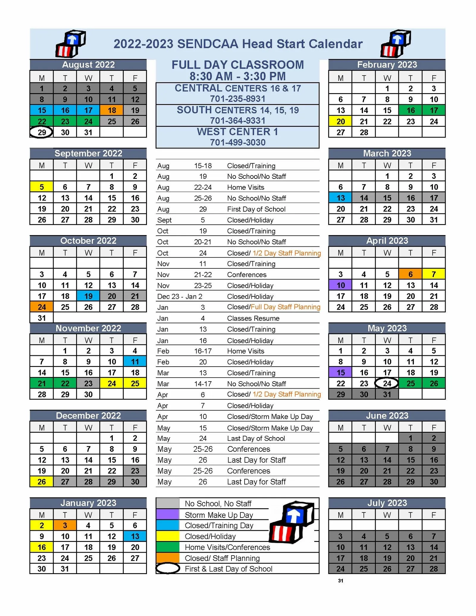 Community Action Head Start Calendar