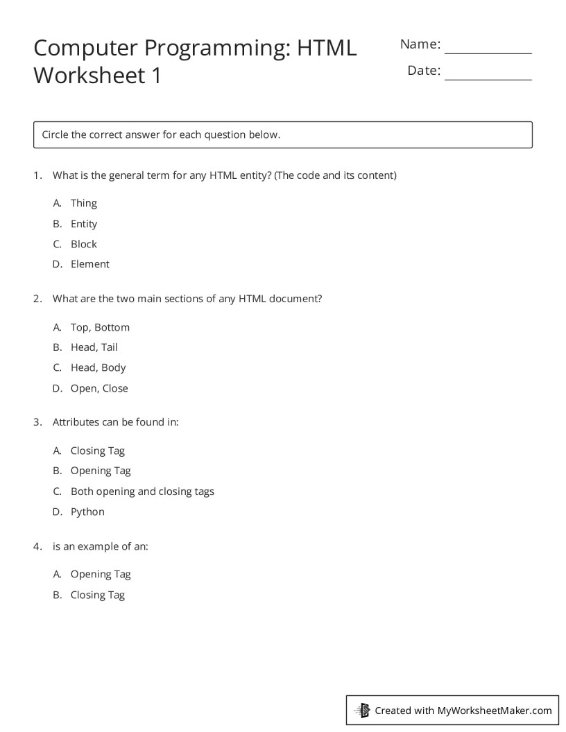 Printable Html Worksheets For Students