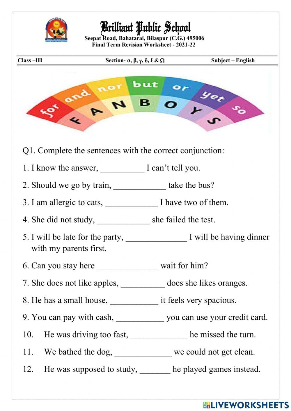 Conjunctions Online Exercise For 3 Live Worksheets Worksheets Library