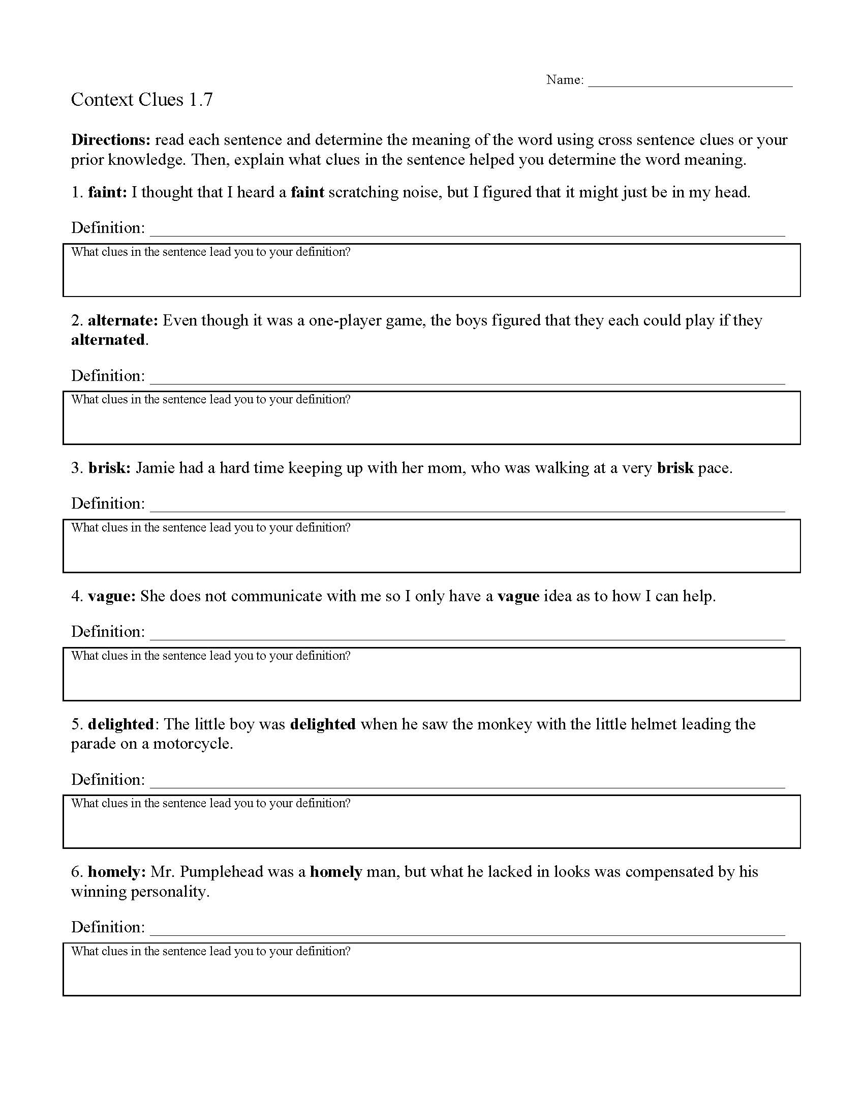 Context Clues Free Printable Worksheets