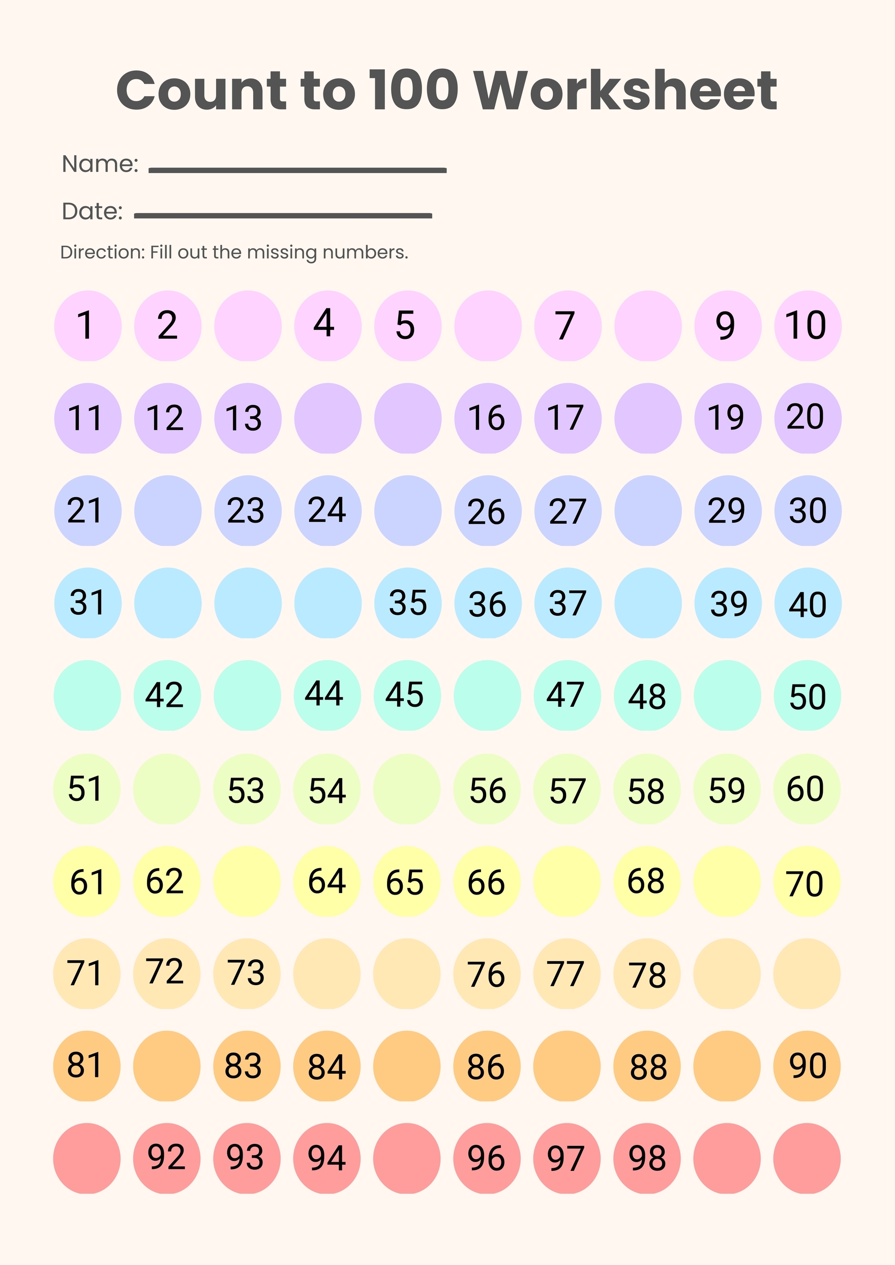 Count To 100 Circle Chart In Illustrator PDF Download Template