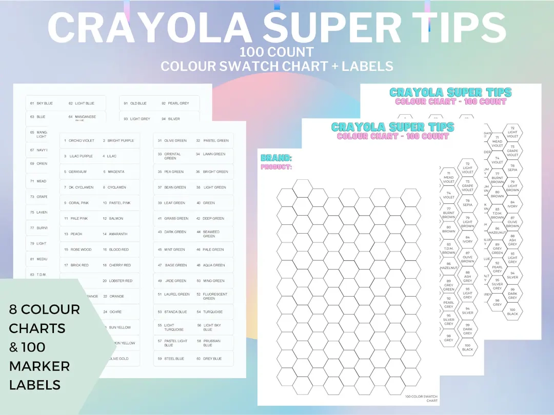 Crayola Color Chart 100 Color Swatch Chart 8 Set DIY Digital PDF File Download Print At Home Crayola Super Tips Color Chart Labels Etsy