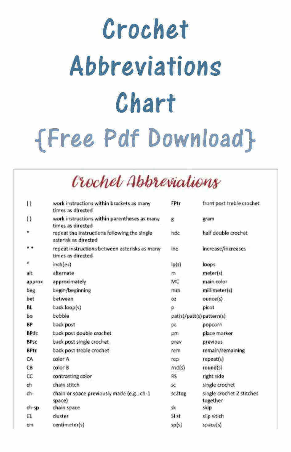 Printable Crochet Abbreviations Chart