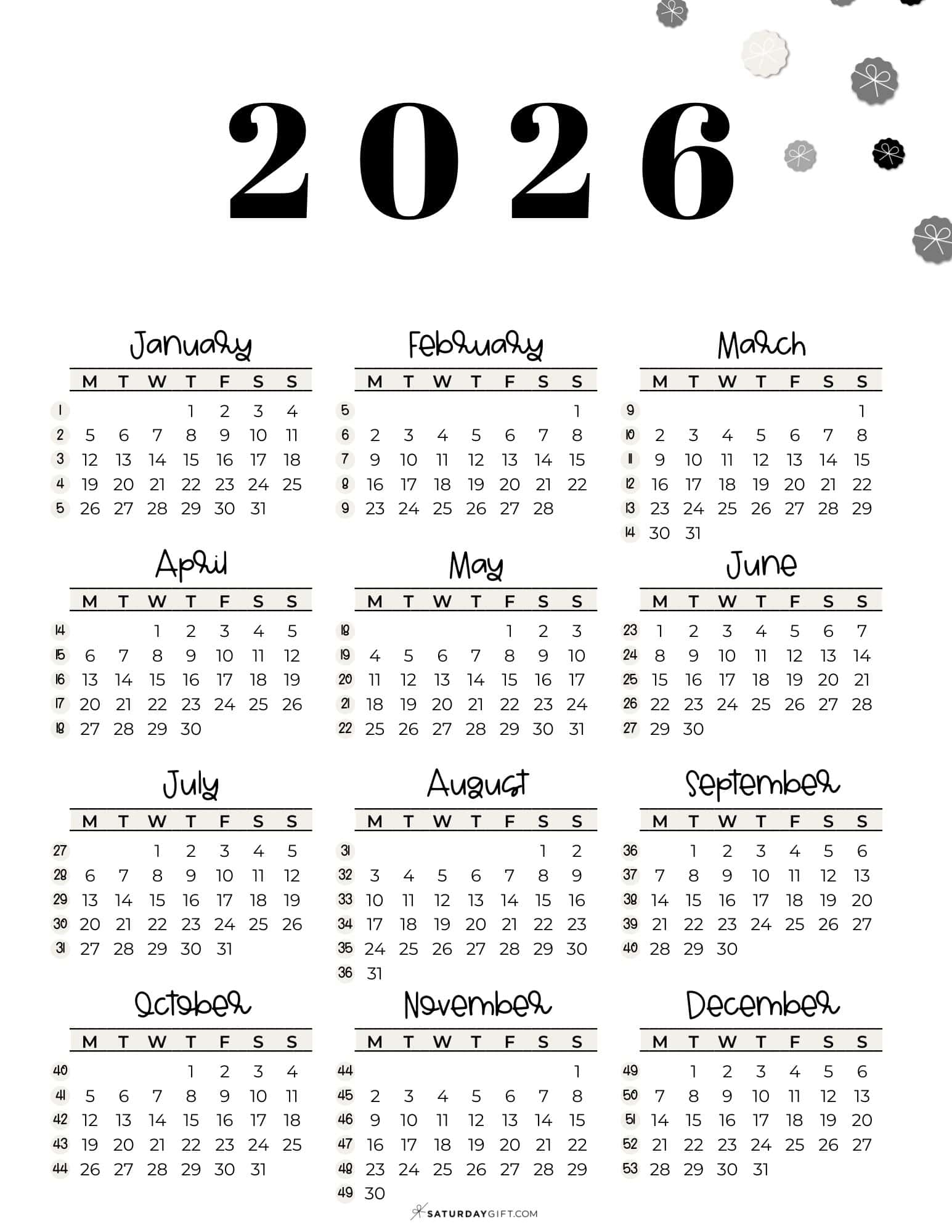2026 Calendar By Week Number Printable