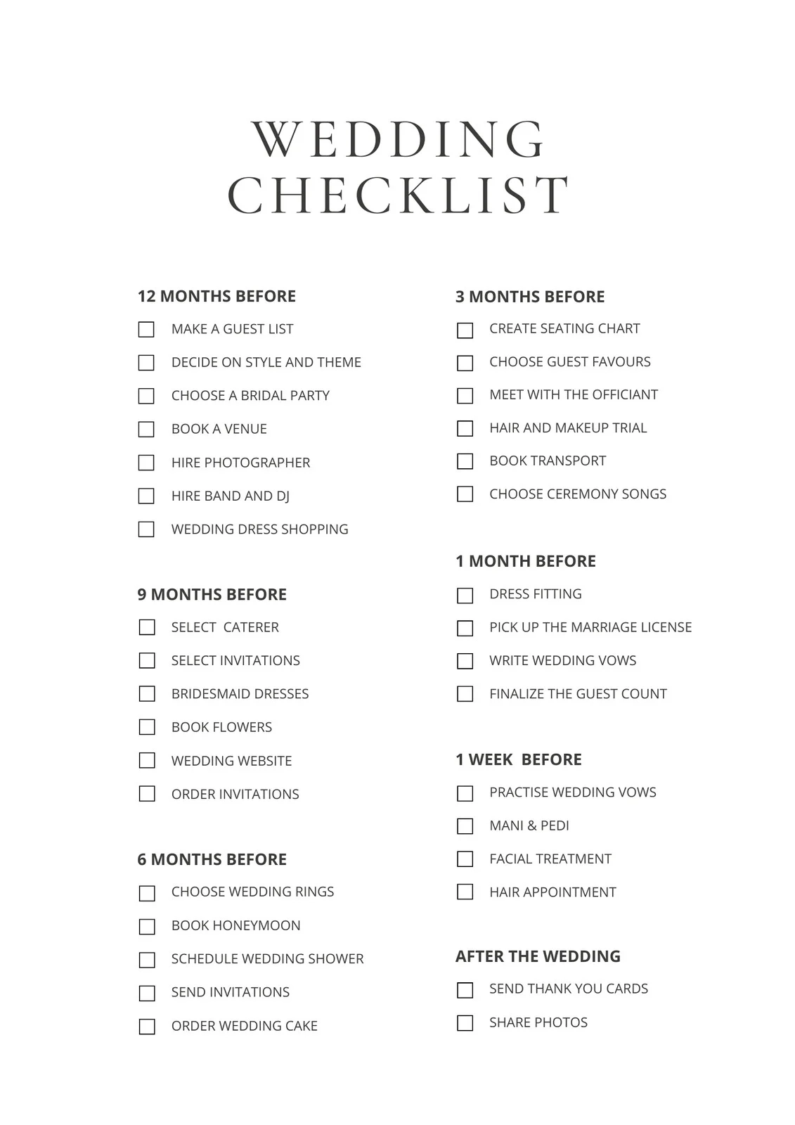 Free Printable Wedding Checklist Worksheets