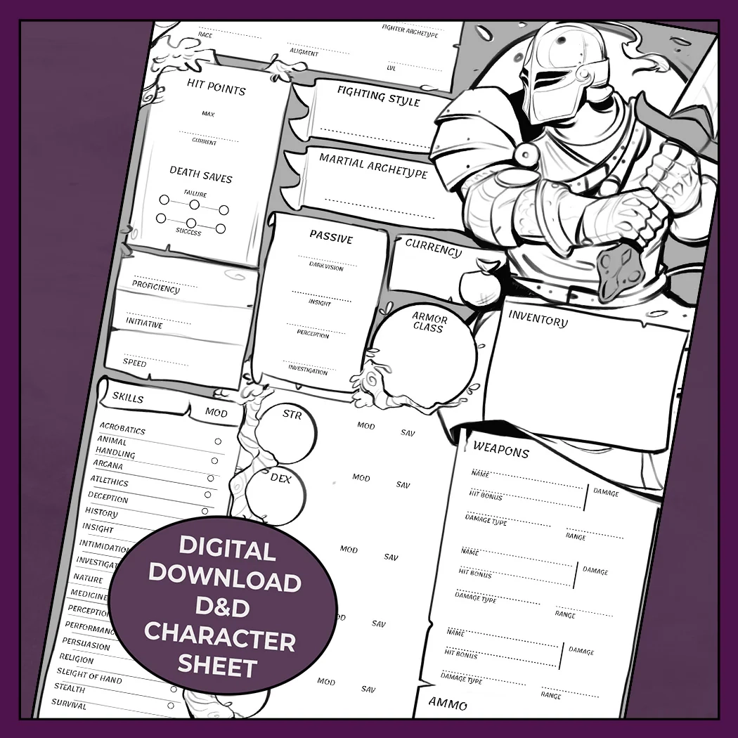 D D 5e Fighter Character Sheet Vanguard Fillable PDF