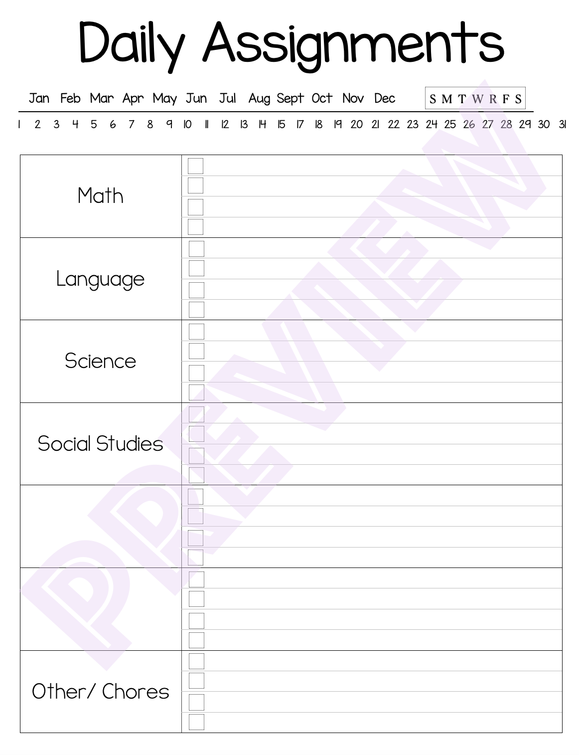 Daily Assignment Sheet Printable