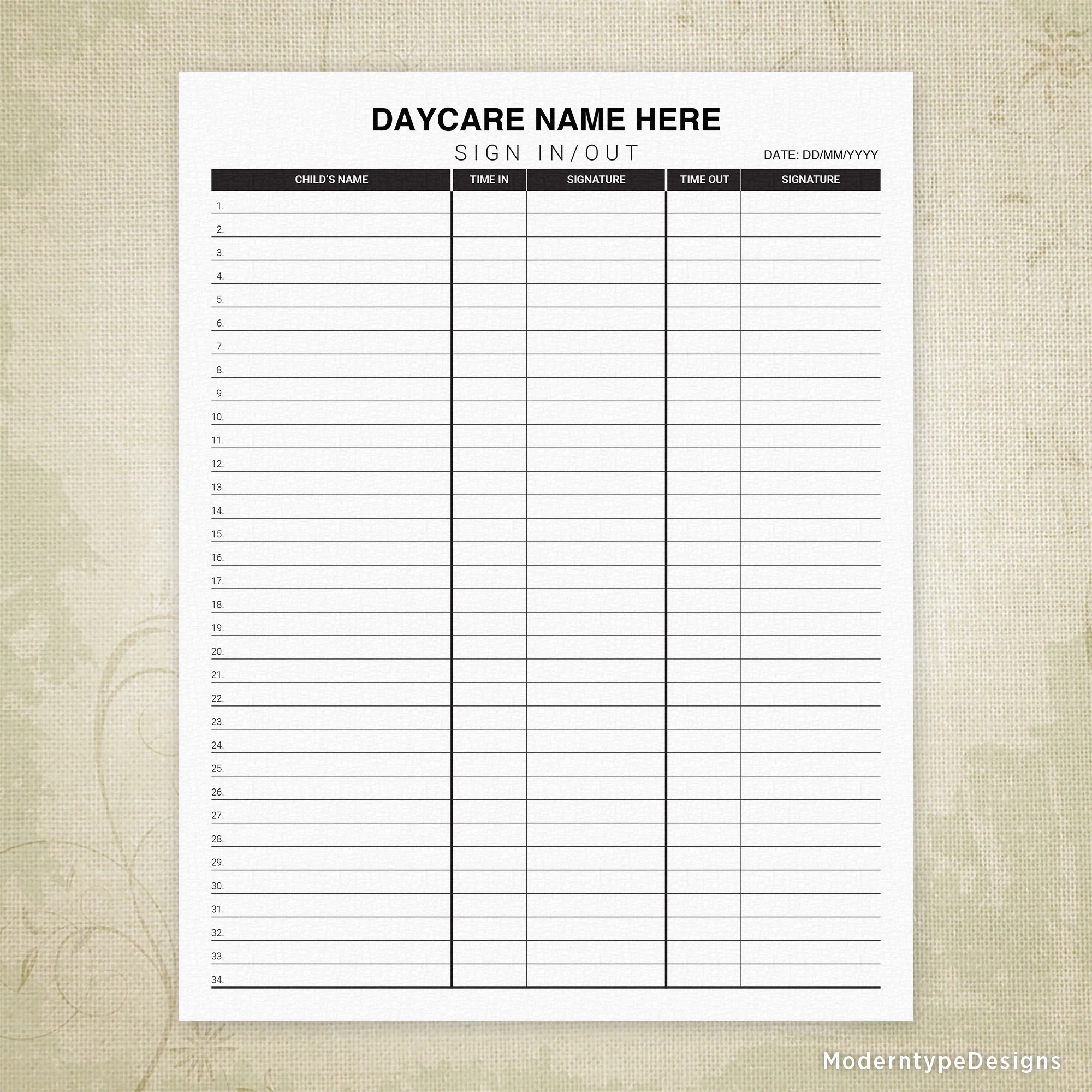 Printable Daycare Sign In Sheet