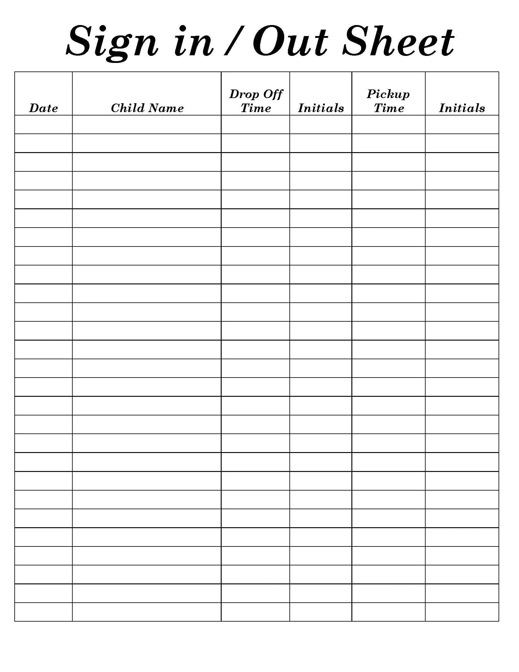 Printable Daycare Sign In Out Sheets