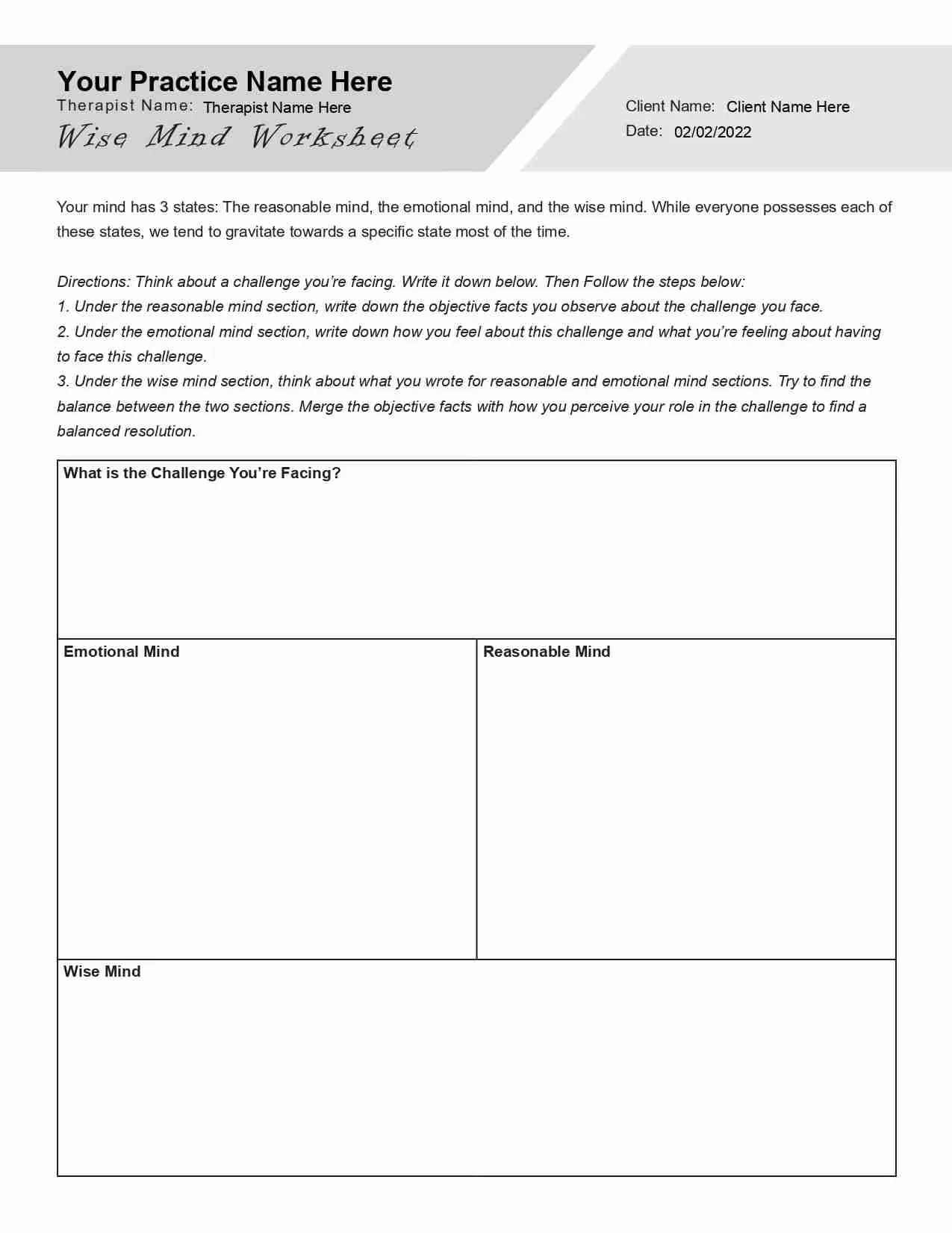 DBT Wise Mind Worksheet Editable Fillable Printable PDF TherapyByPro