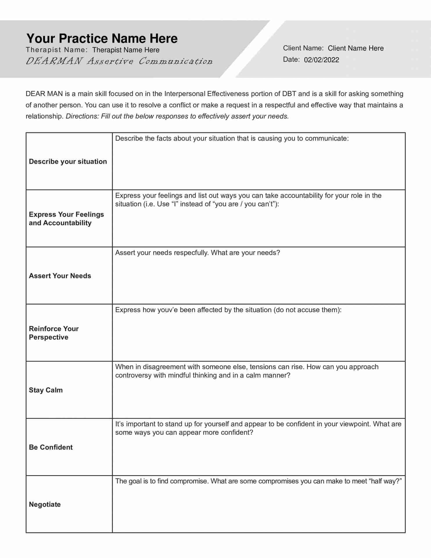 DEARMAN Assertive Communication Worksheet PDF TherapyByPro