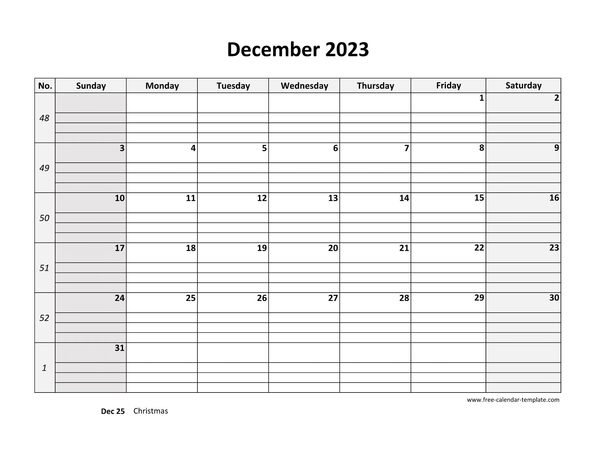 December 2023 Calendar Free Printable With Grid Lines Designed horizontal Free calendar template