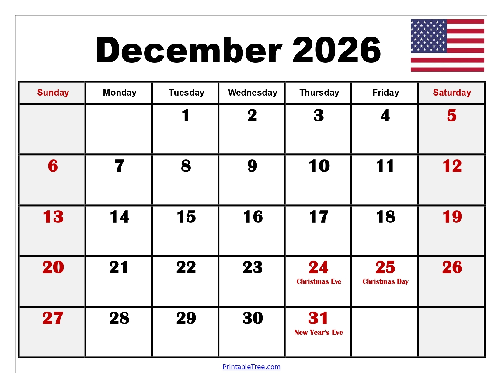 Printable December 2026 Calendar