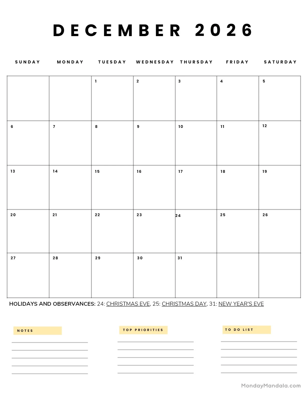 December 2026 Calendars 52 Free PDF Printables 