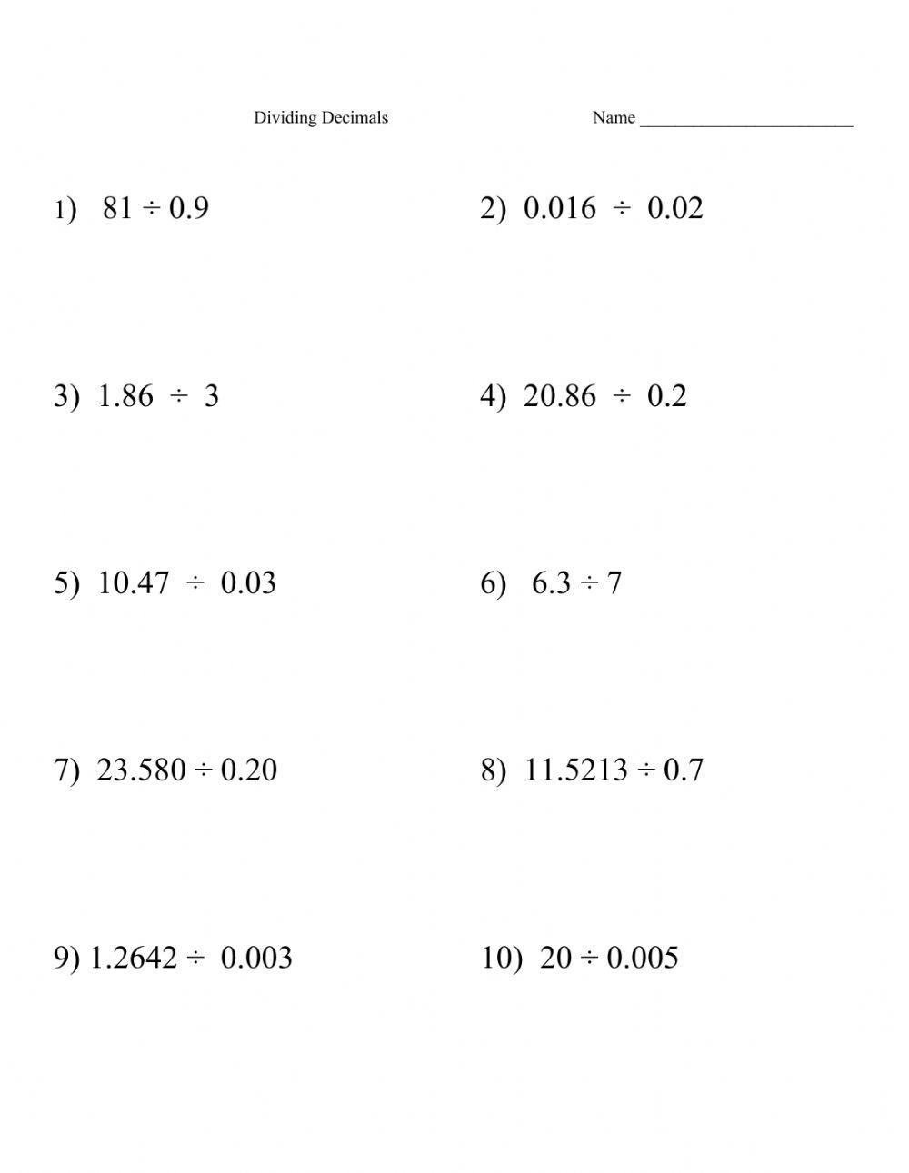 Dividing Decimals Printable Worksheets