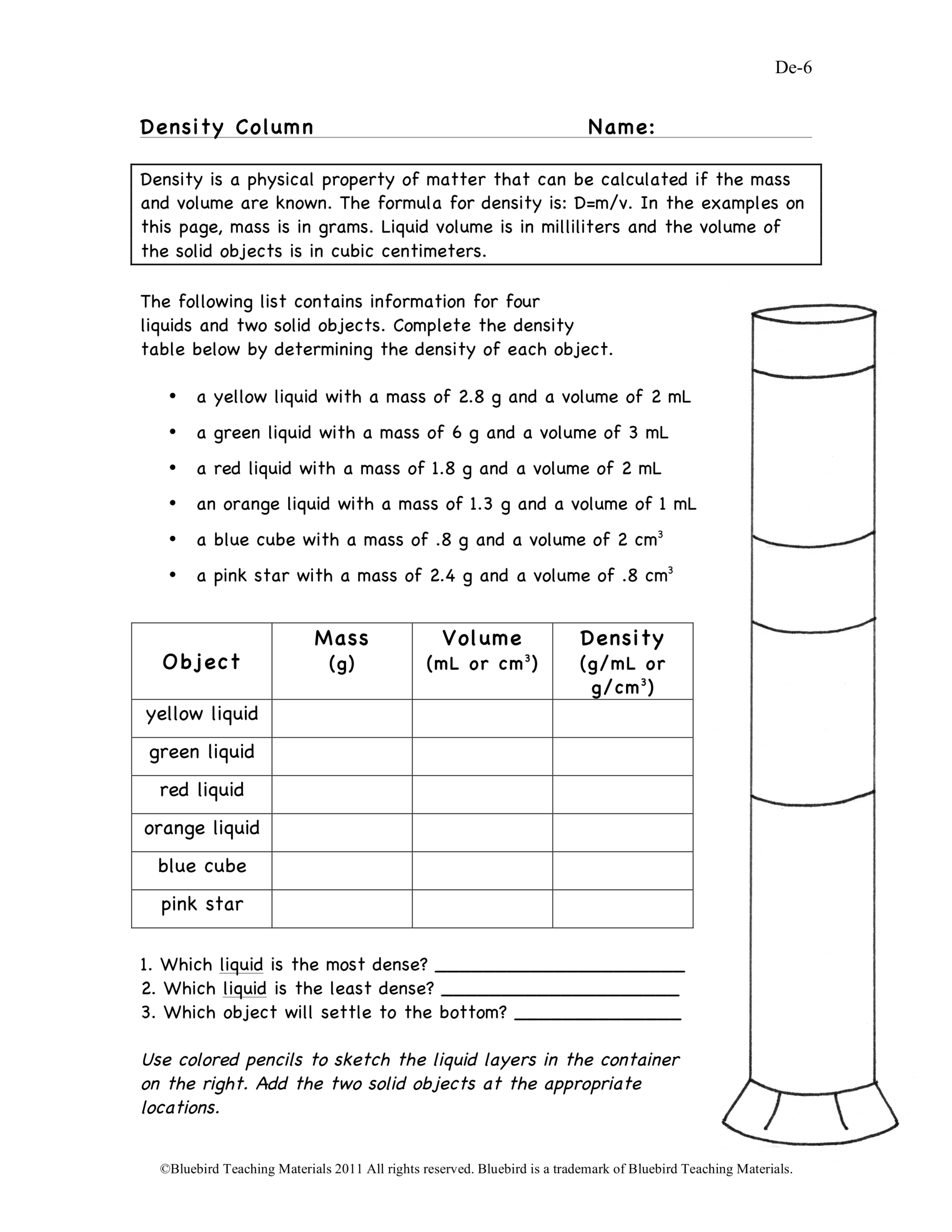 Free Printable Density Column Lab Worksheet