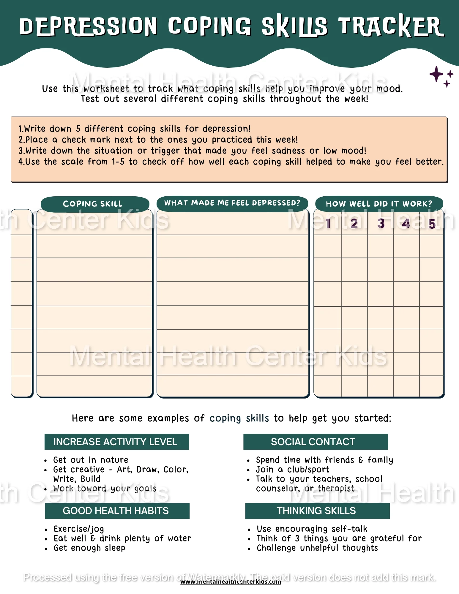 Depression Worksheets For Kids And Teens Mental Health Center Kids