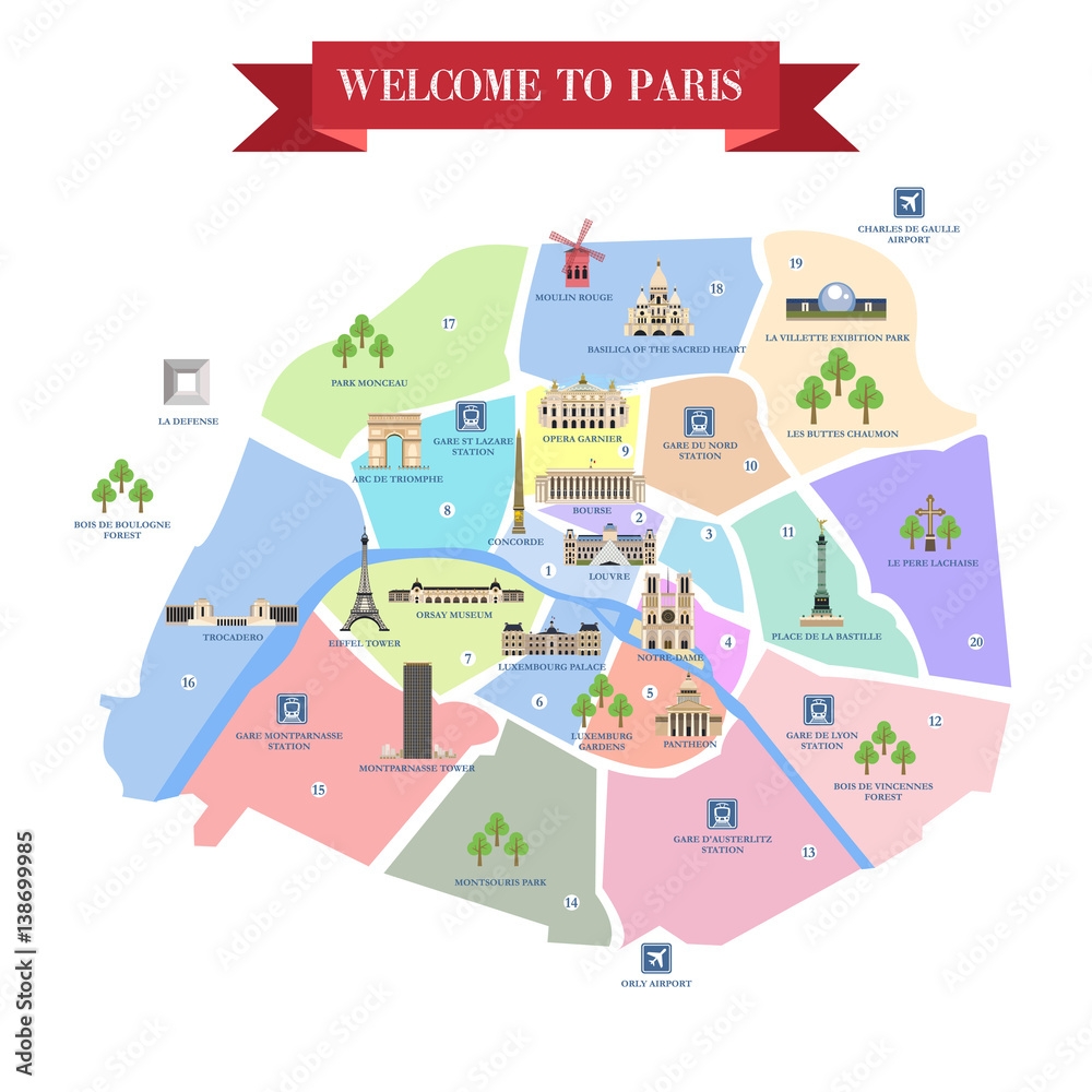 Detailed Map Of Paris Attractions Stock Vector Adobe Stock