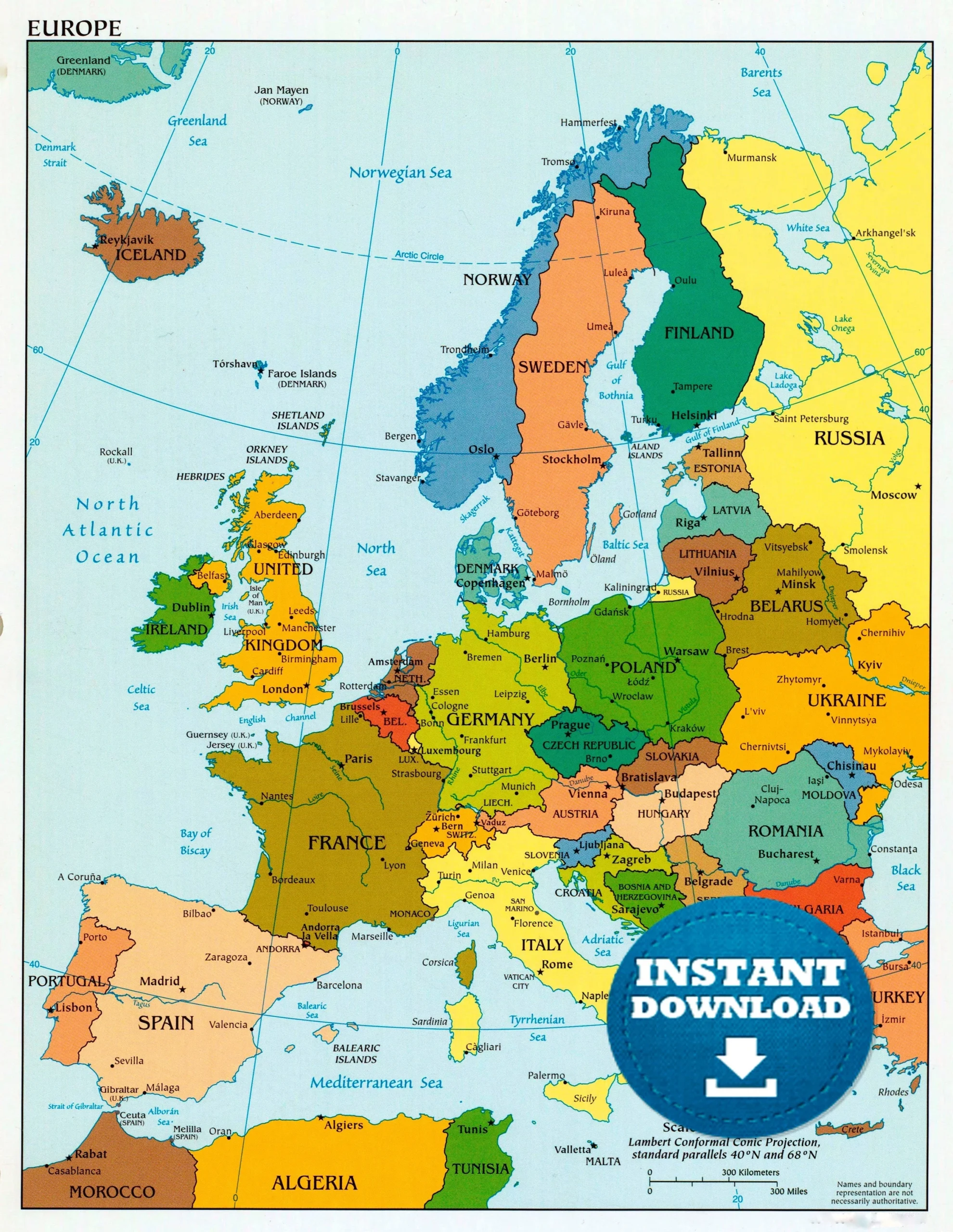 Digital Political Colorful Map Of Europe Printable Download 