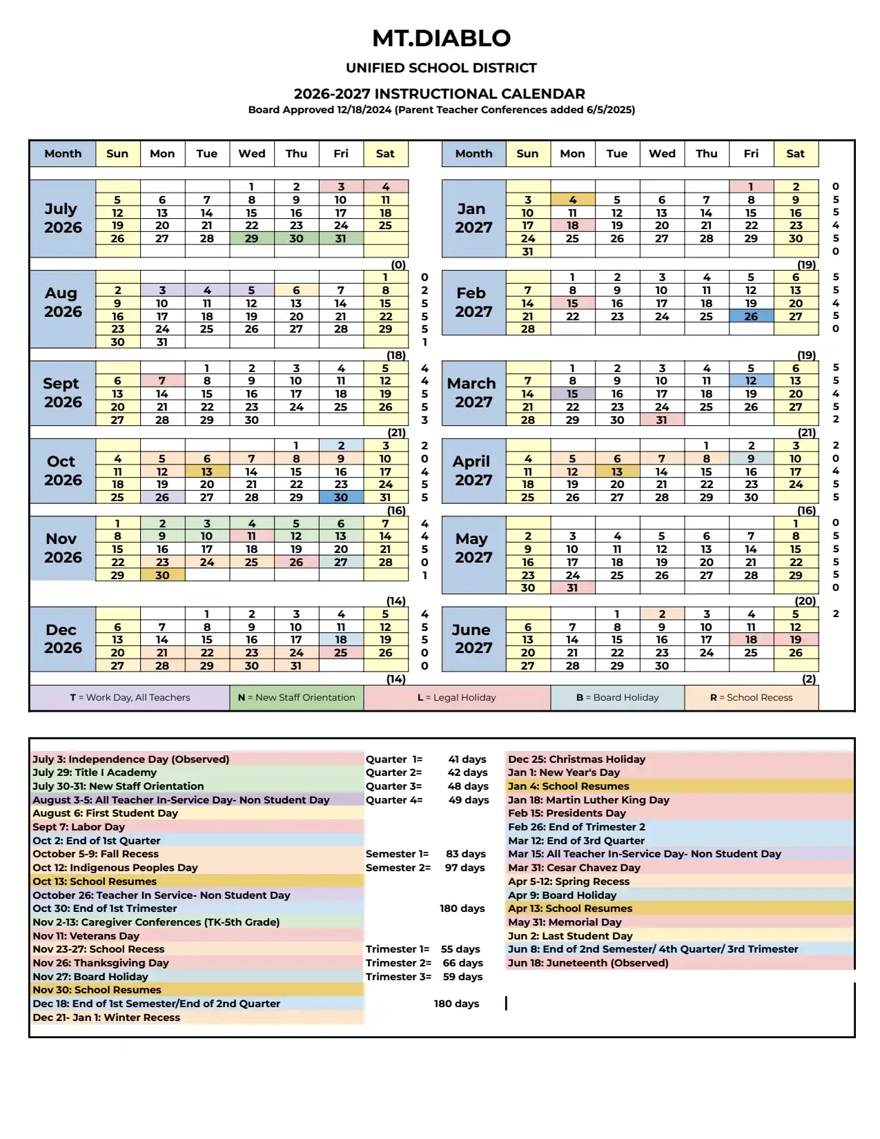 District Calendars Mt Diablo Unified School District