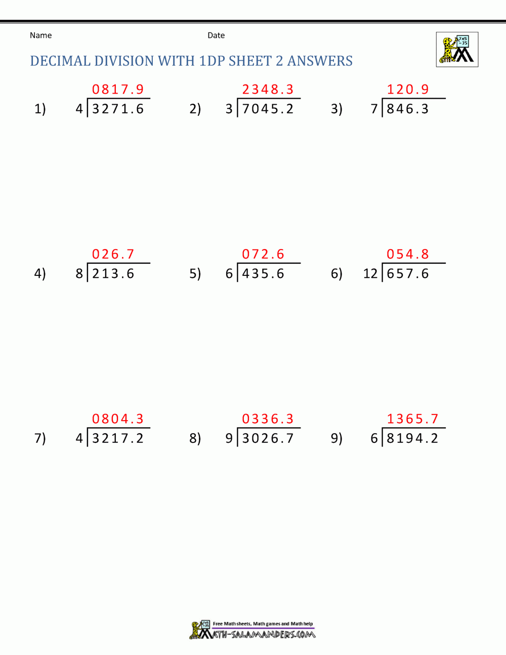 Division Of Decimal Numbers Worksheets