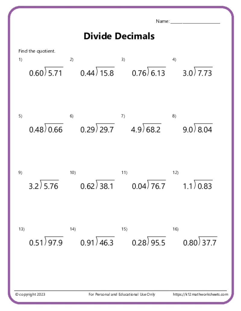 Dividing Decimals Printable Worksheets