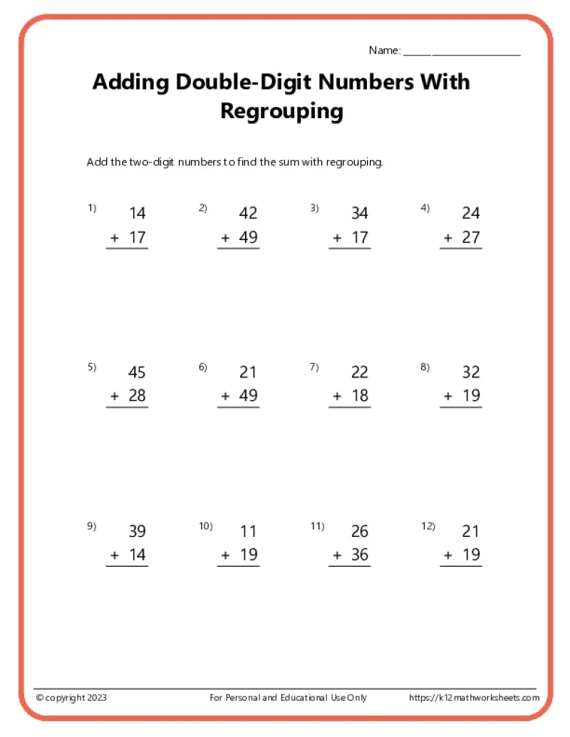 Double Digit Addition With Regrouping Worksheets