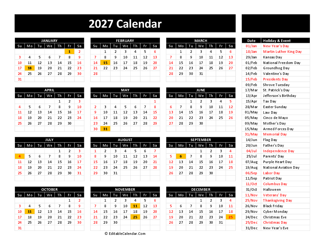 Download 2027 Printable Calendar Free PDF Version 