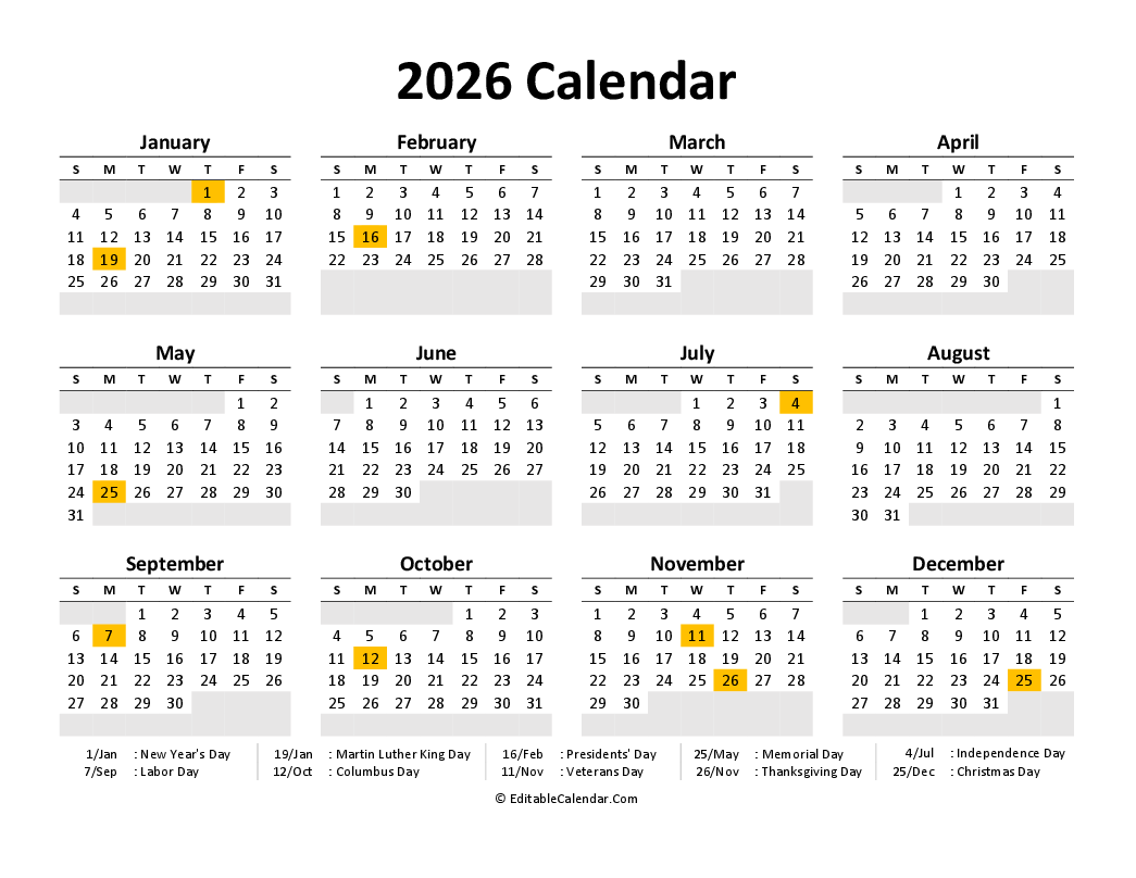 Printable Calendar 2026 Template Word