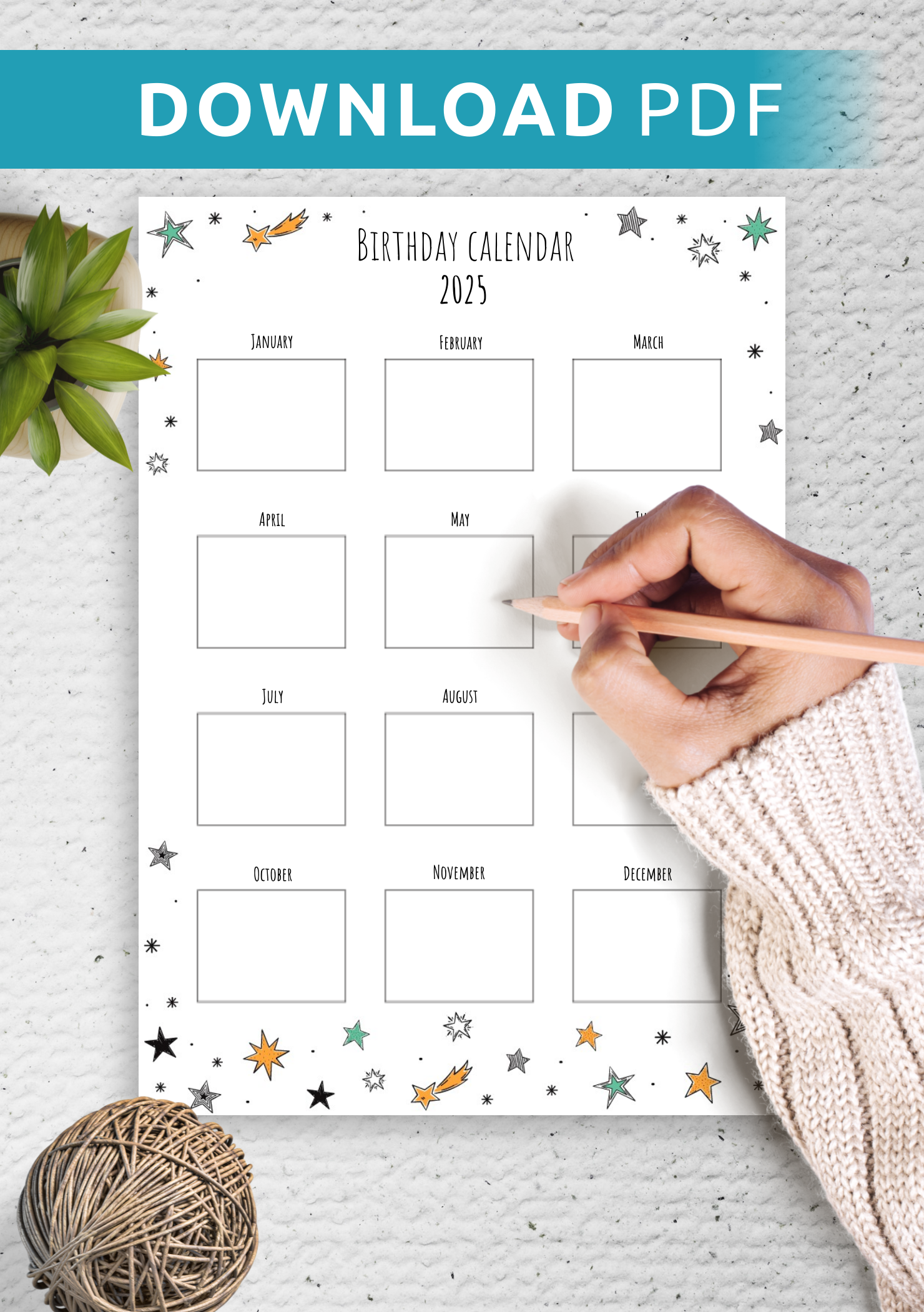 Download Printable Colored Stars Birthday Calendar PDF