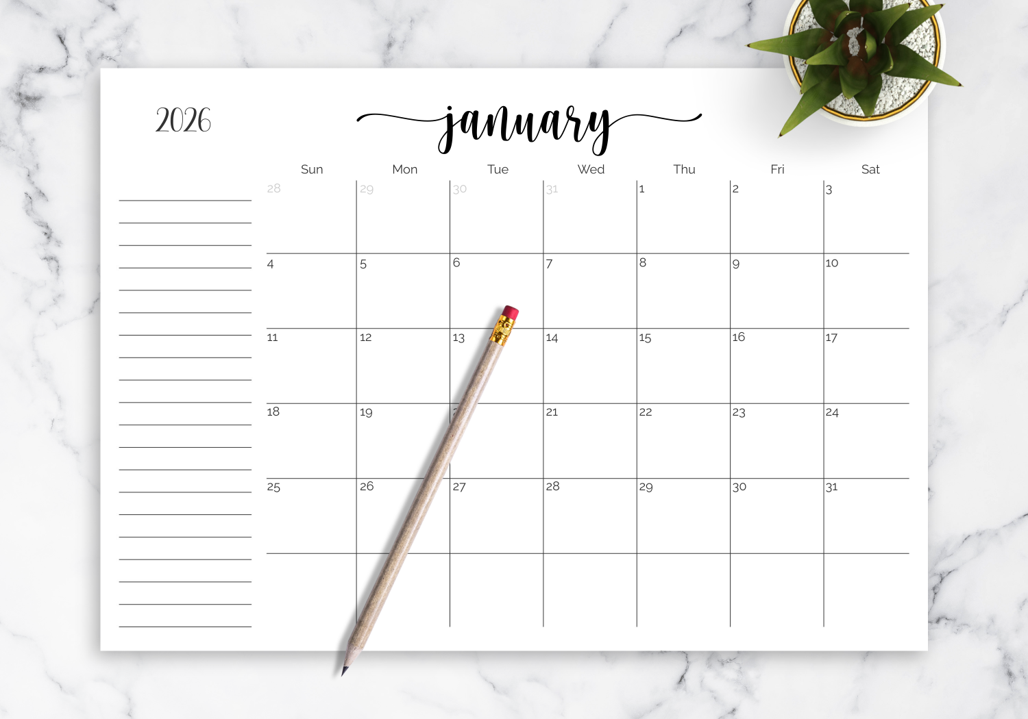Download Printable Monthly Calendar With Notes Section PDF