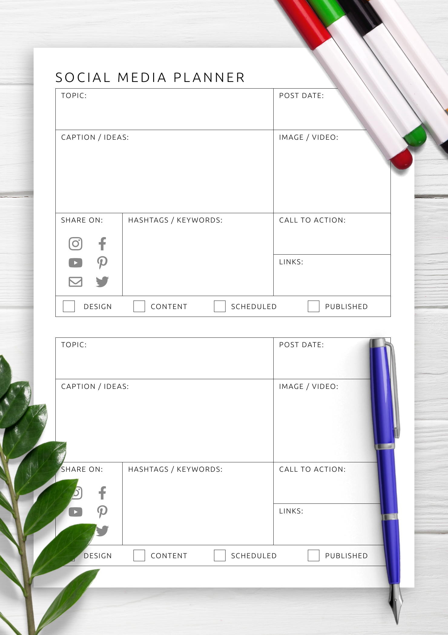 Printable Social Media Content Calendar Template
