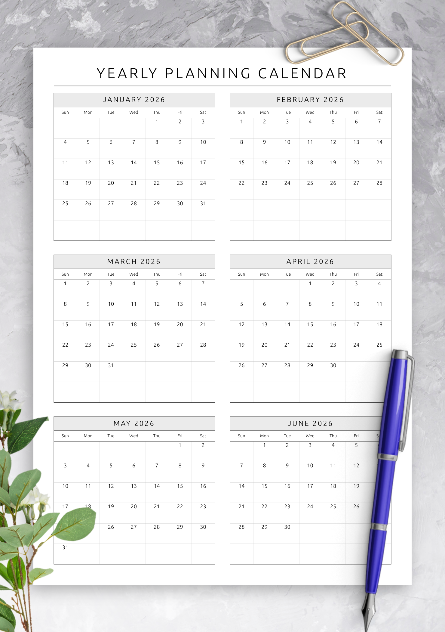 Download Printable Yearly Planning Calendar Template PDF