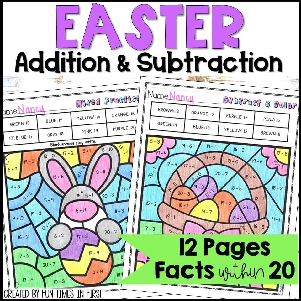 Easter Color By Code Math Worksheets Addition Subtraction To 20 Fun Times In First