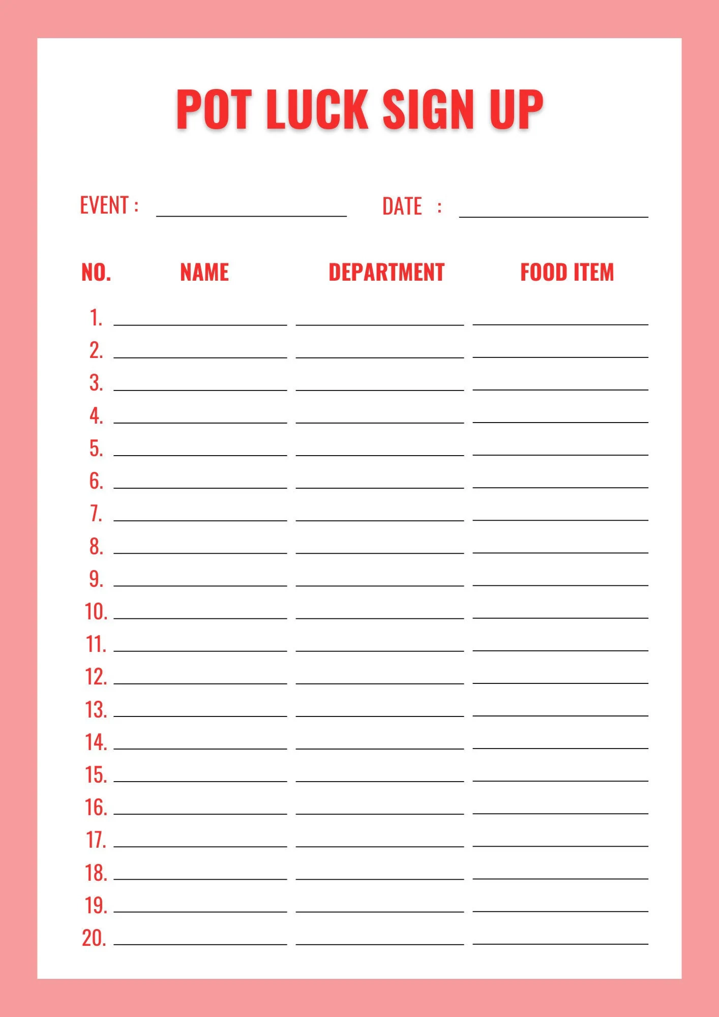 Easy Potluck Sign up Sheet Food Sign up Sheet Employee Sign up Sheet Sign up Form Pink Sign up Sheet Food Sheet School Potluck Sheet Etsy