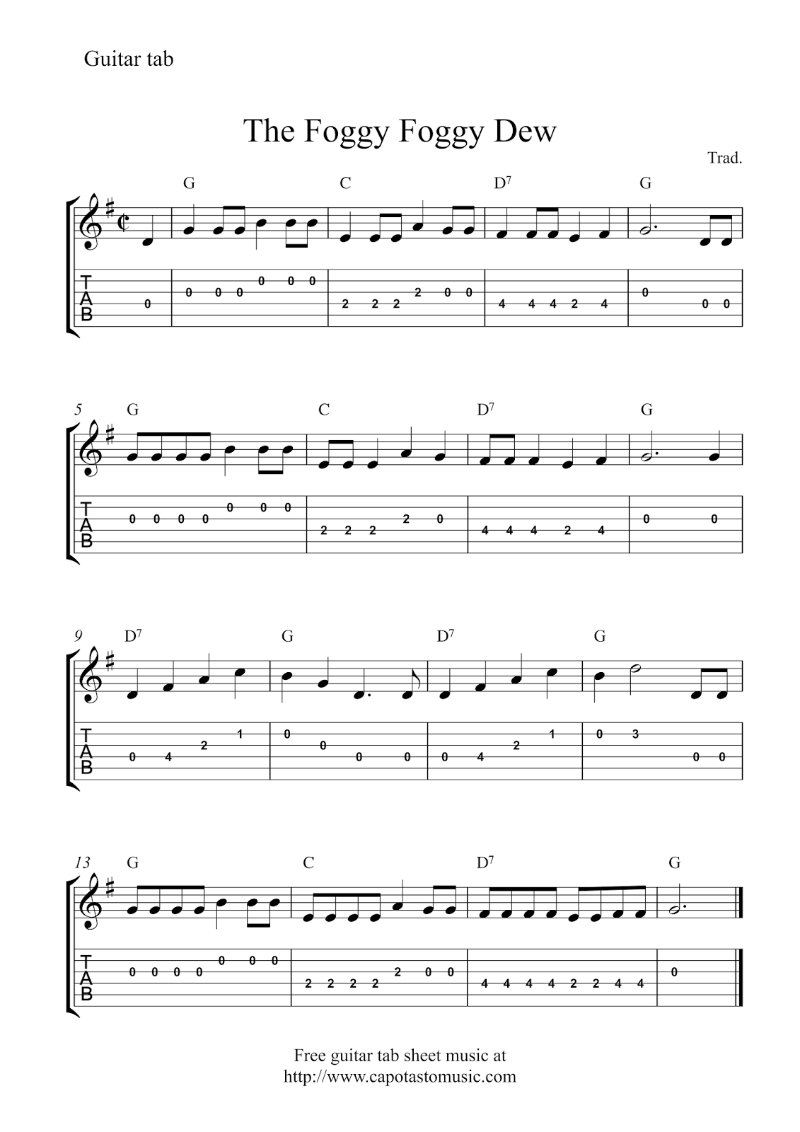 Easy Sheet Music For Beginners Free Guitar Tablature Sheet Music The Foggy Foggy Dew