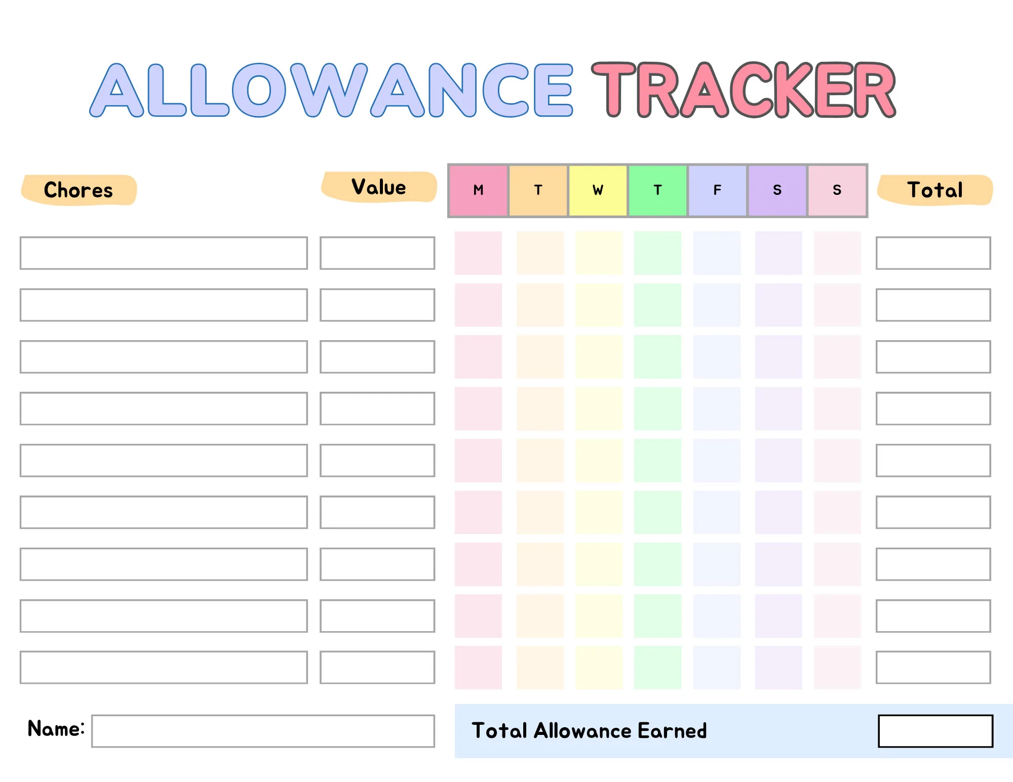 Printable Allowance Chart