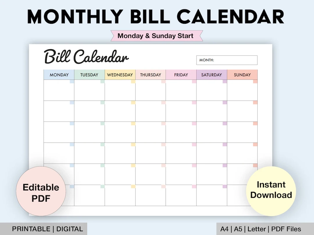 Editable Bill Calendar Printable Monthly Bill Planner Monthly Bill Log Bill Payment Checklist Bill Payment Tracker Digital PDF Etsy