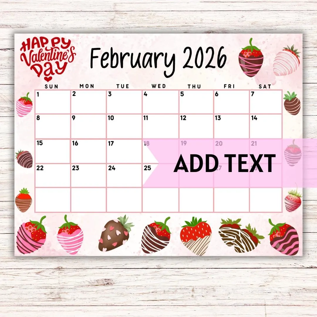 EDITABLE Printable February Calendar 2026 Cute Valentine s Day February 2026 Calendar W Chocolate Covered Strawberries Monthly Calendar Etsy