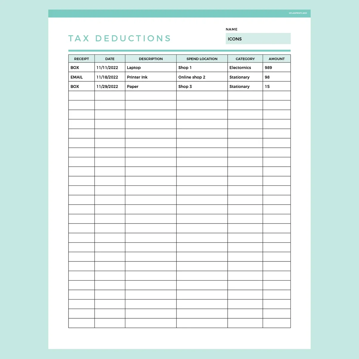 Printable Tax Expense Sheet